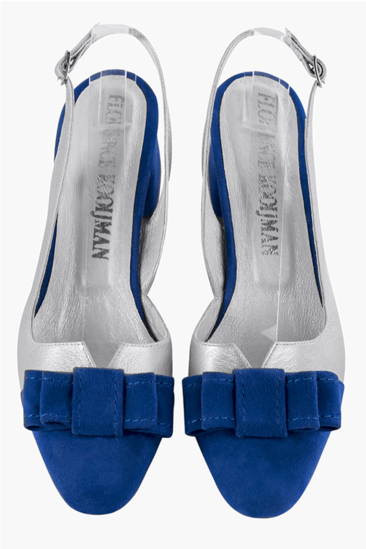 Electric blue and light silver women's open back shoes, with a knot. Round toe. Low flare heels. Top view - Florence KOOIJMAN